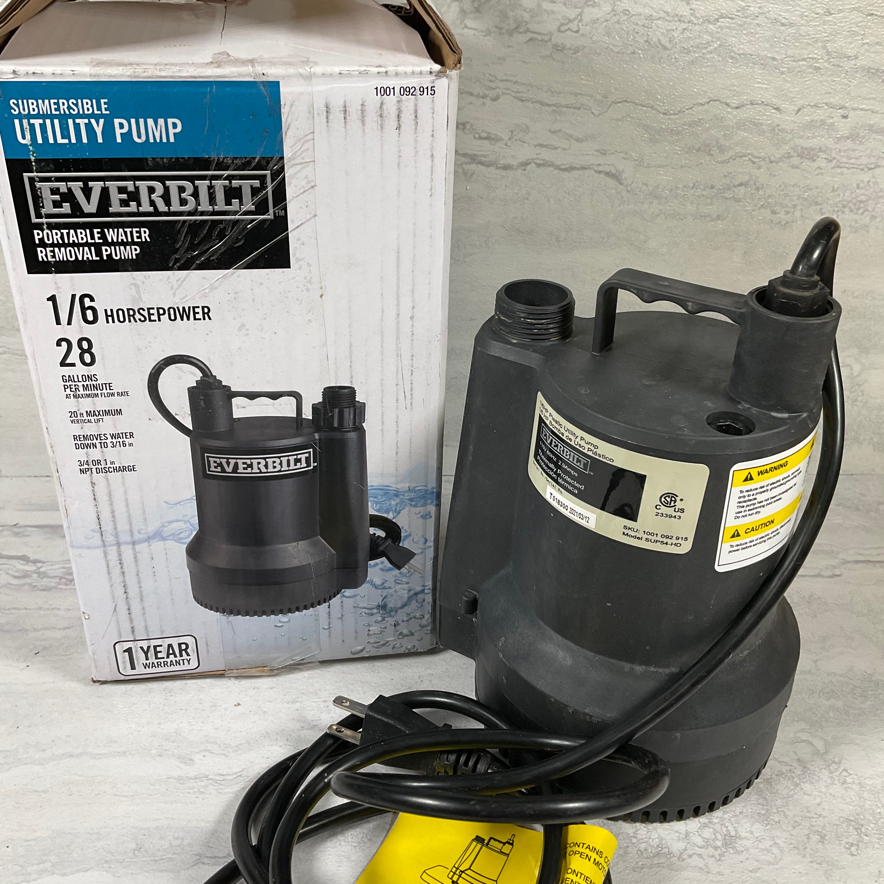 Everbilt SUP54-HD 1/6 HP Plastic Utility Pump (7017139208375)